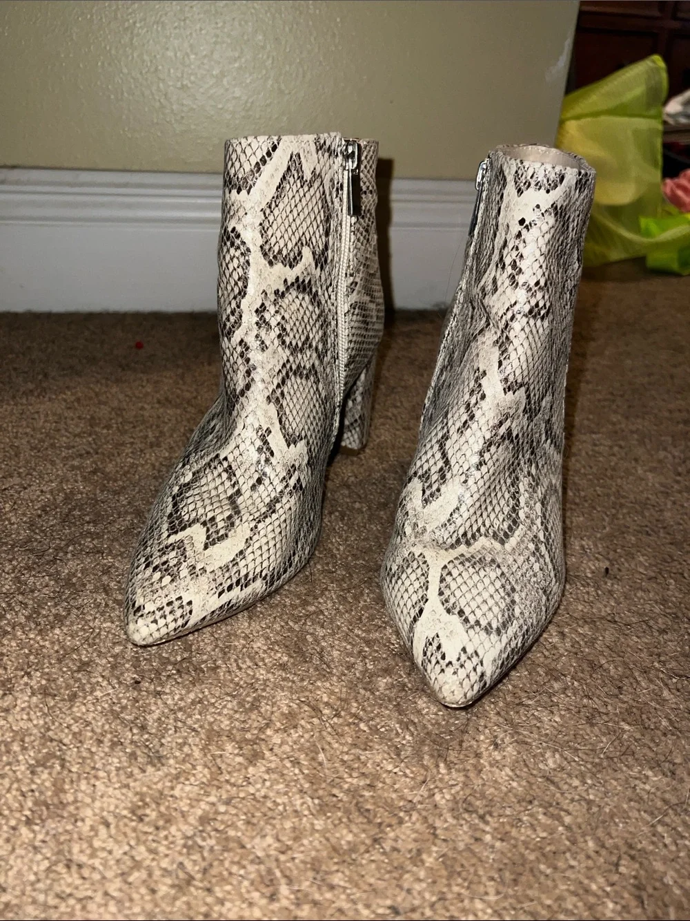 Qupid Snake-Print Pointed Ankle Boots in Cream and Brown